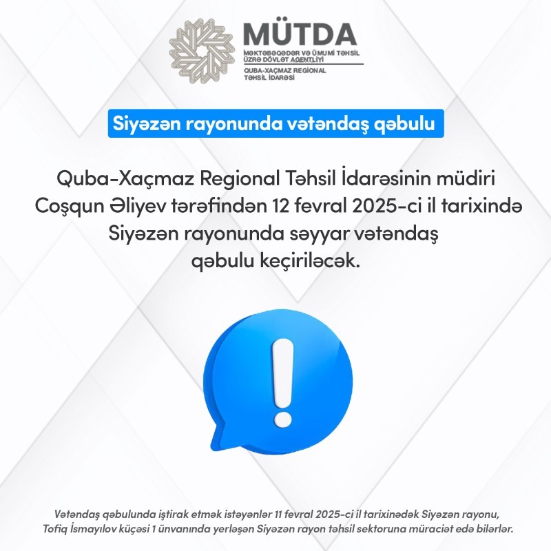 Siyəzən rayonunda səyyar vətəndaş qəbulu keçiriləcək.