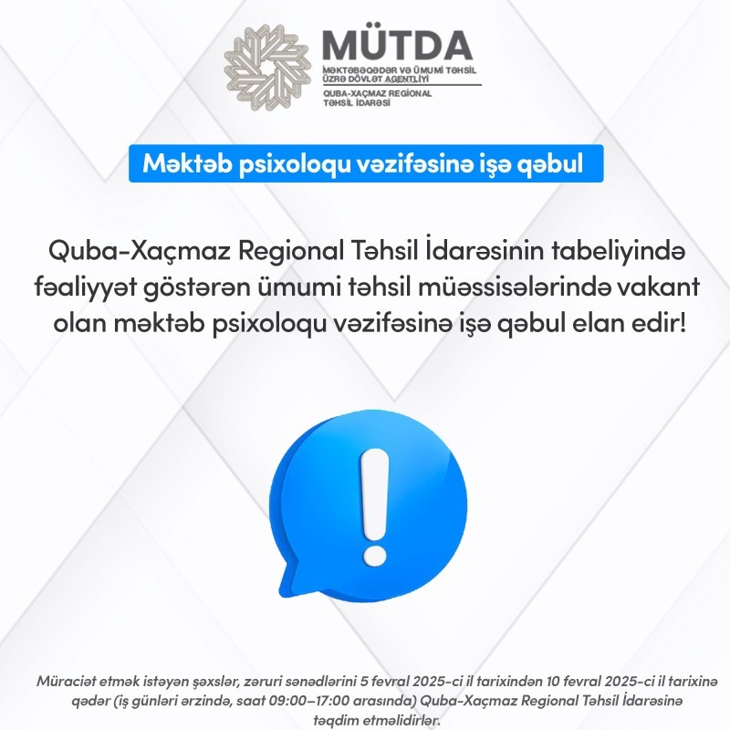 Məktəb psixoloqu vəzifəsinə işə qəbul elan edilir